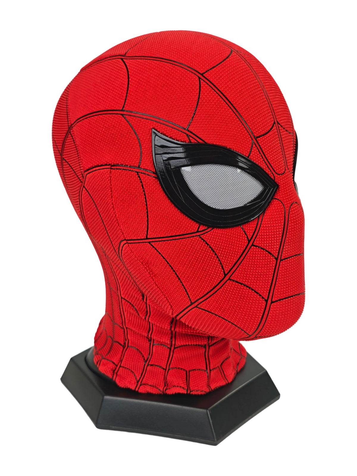 Spider-Man Homecoming mask back view with center seam, red textured fabric, black panel lines, and display stand