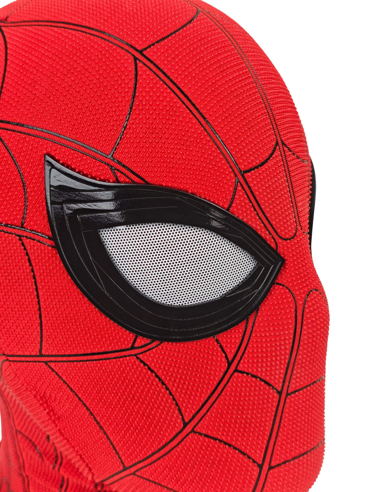 Close-up of Spider-Man Homecoming mask eye with white mesh lens, black frame, red raised texture, and black seams