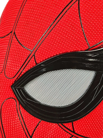 Close-up of Spider-Man Homecoming mask lens with white mesh, black layered frame, red raised dots, and black seams