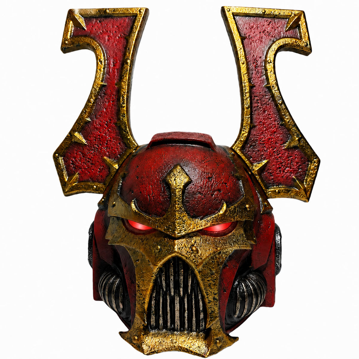 Khorne Berzerker helmet front view with red LED eyes lit