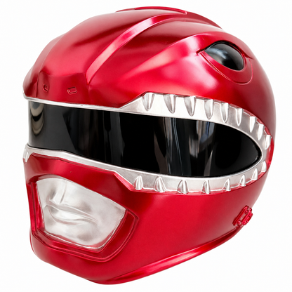 Front left angle view of the MMPR Power Rangers Red Ranger Helmet cosplay replica