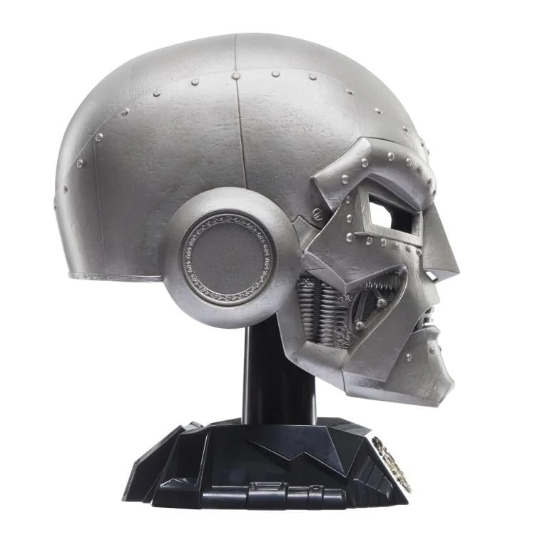 Doctor Doom helmet on display stand, right profile