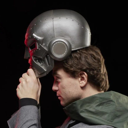 Person fitting the Doctor Doom wearable helmet