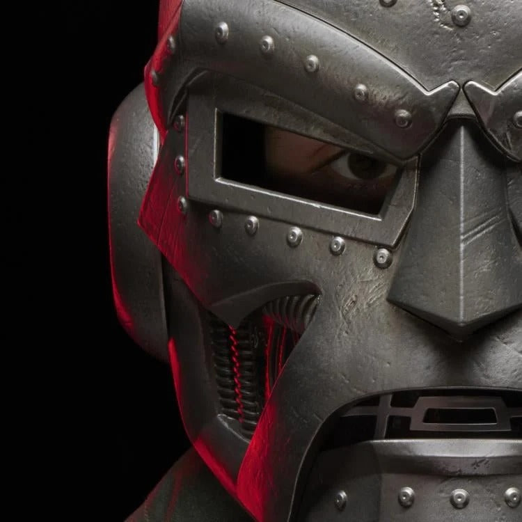 Close-up of Doctor Doom helmet riveted silver faceplate