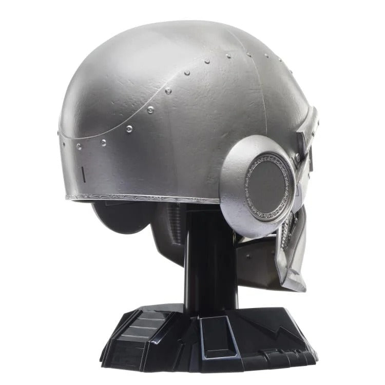 Doctor Doom helmet on display stand, rear-left profile