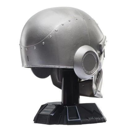 Doctor Doom helmet on display stand, rear-left profile