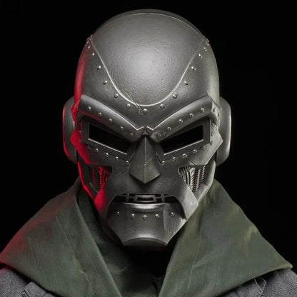 Doctor Doom helmet worn with green hood around the shoulders
