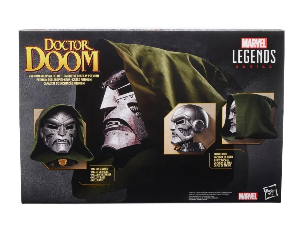 Doctor Doom helmet retail packaging showing green hood and display stand