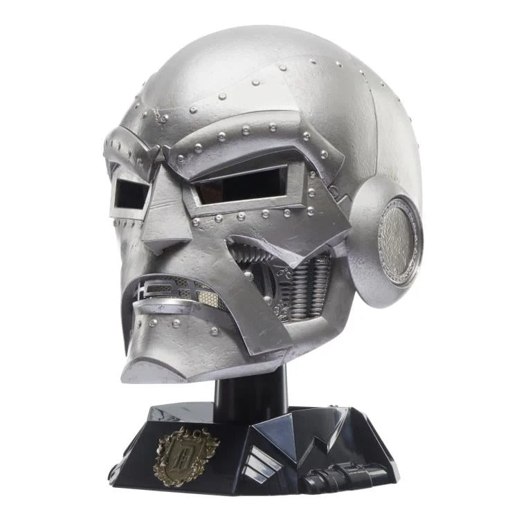 Doctor Doom helmet on display stand, front-right three-quarter view