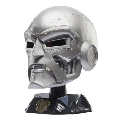 Doctor Doom helmet on display stand, front-right three-quarter view