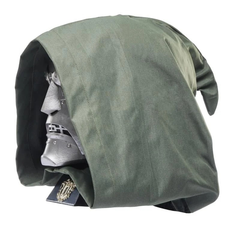 Doctor Doom helmet with green hood draped over display stand, rear view