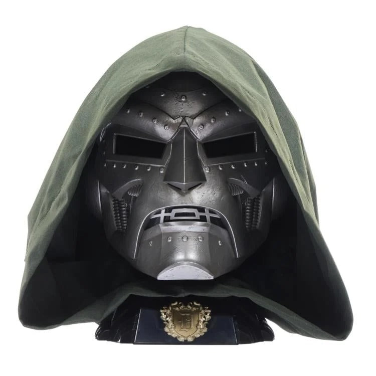 Doctor Doom wearable helmet with green hood on display stand, front view