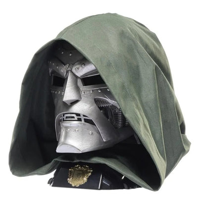 Doctor Doom wearable helmet with green hood on stand, three-quarter view