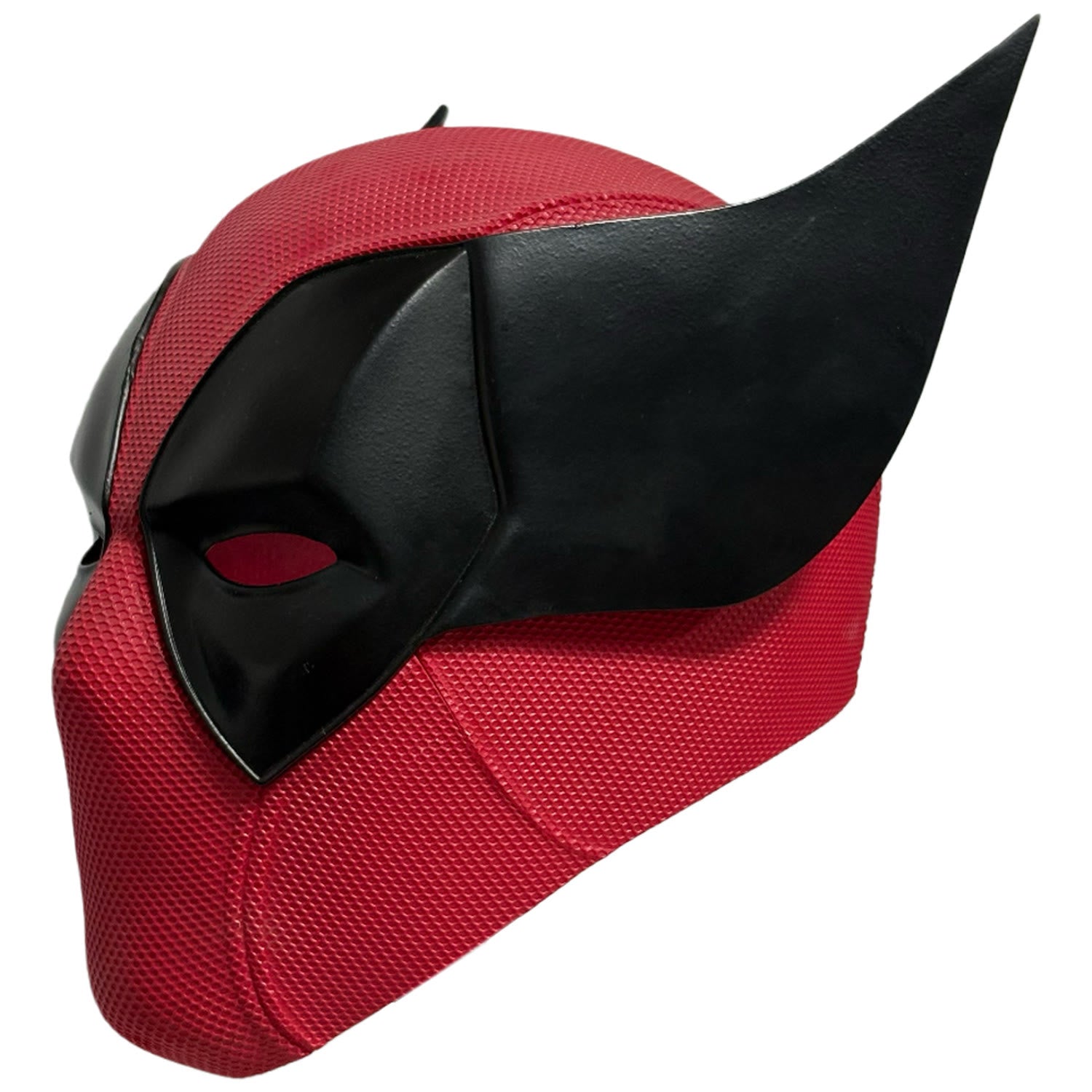 Poolverine Deadpool Wolverine mashup resin mask side profile showing one pointed fin and textured red shell