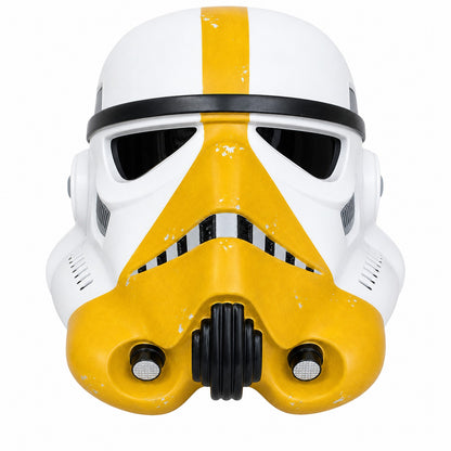 Star Wars Artillery Stormtrooper helmet front view on white background with yellow center stripe
