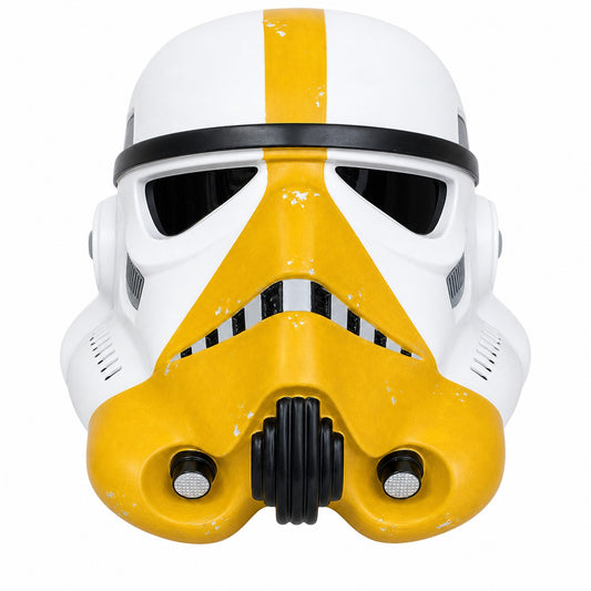 Star Wars Artillery Stormtrooper helmet front view on white background with yellow center stripe