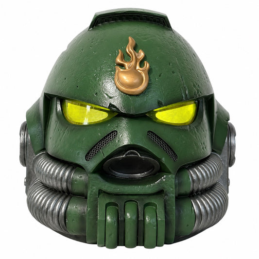 Salamanders cosmetic Space Marine wearable helmet front view with illuminated yellow lenses
