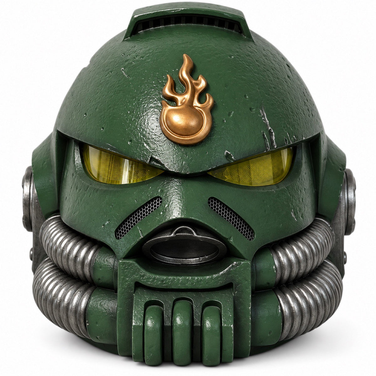 Salamanders cosmetic Space Marine wearable helmet front view with unlit yellow lenses