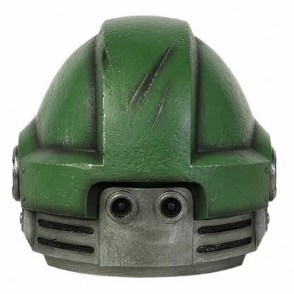 Salamanders cosmetic Space Marine wearable helmet rear view with battle-worn green shell
