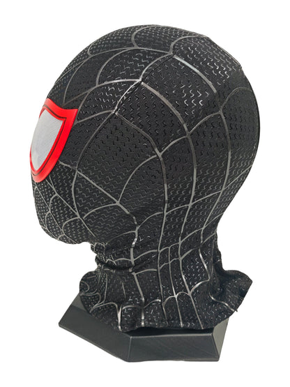 Miles Morales black Spider-Man mask opposite side view with red lens edge, web texture, and black display stand