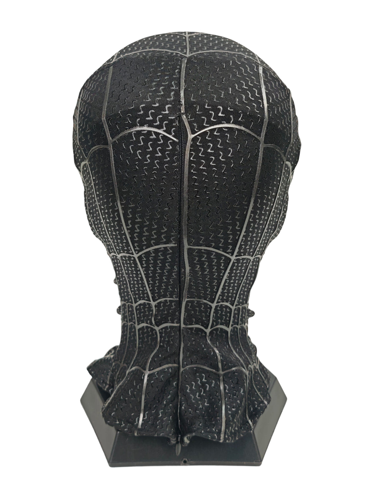 Miles Morales black Spider-Man mask back view with center seam, raised webbing, textured fabric, and black stand