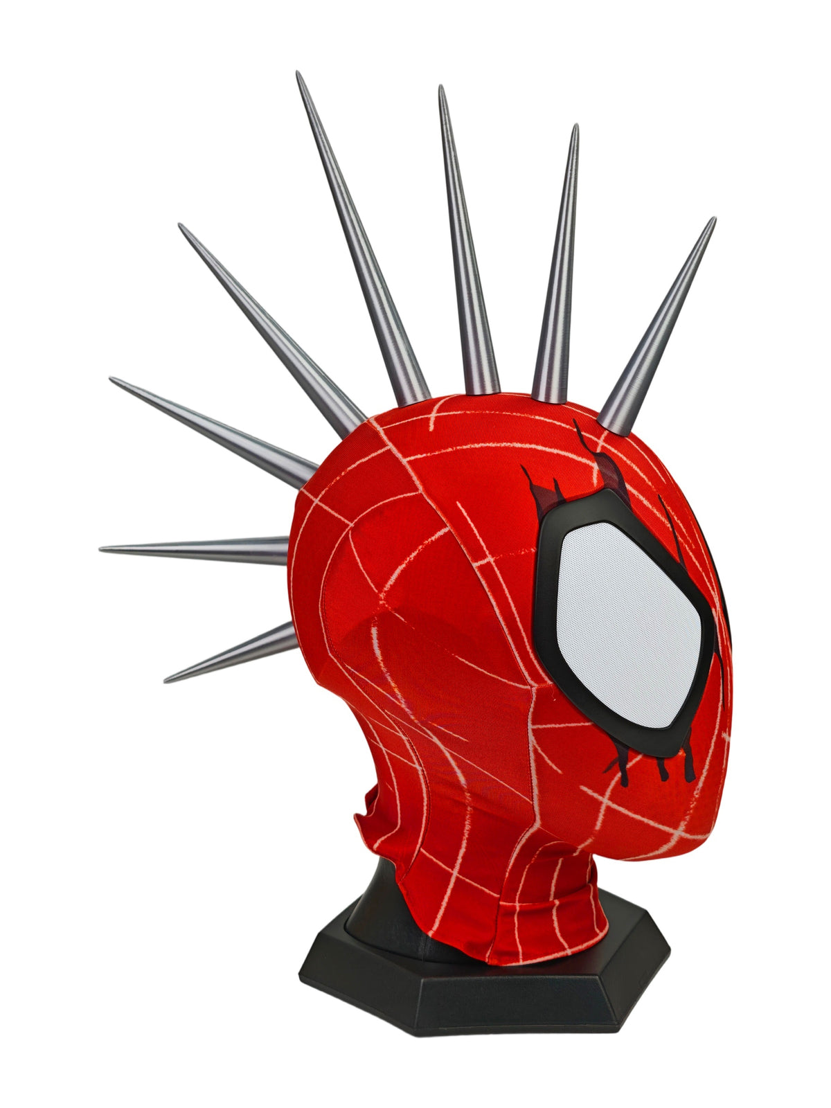Punk Spider mask displayed on a black stand, with tall metallic spikes rising from the top, photographed against a plain white background.