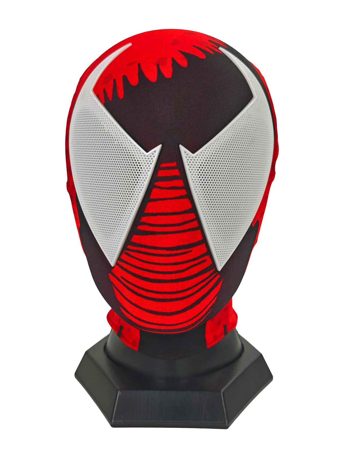 Front view of Scarlet Spider-Man cosplay mask with white perforated eye lenses and red-and-black patterned fabric