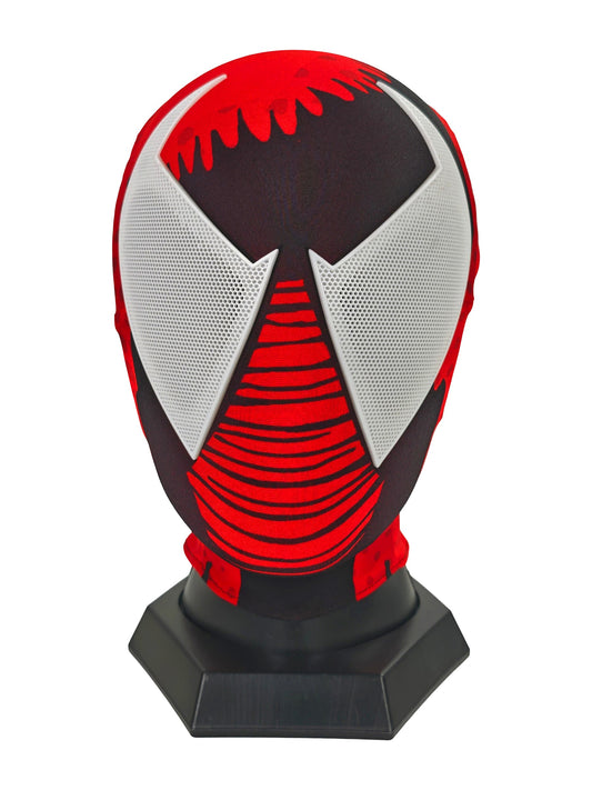 Front view of Scarlet Spider-Man cosplay mask with white perforated eye lenses and red-and-black patterned fabric