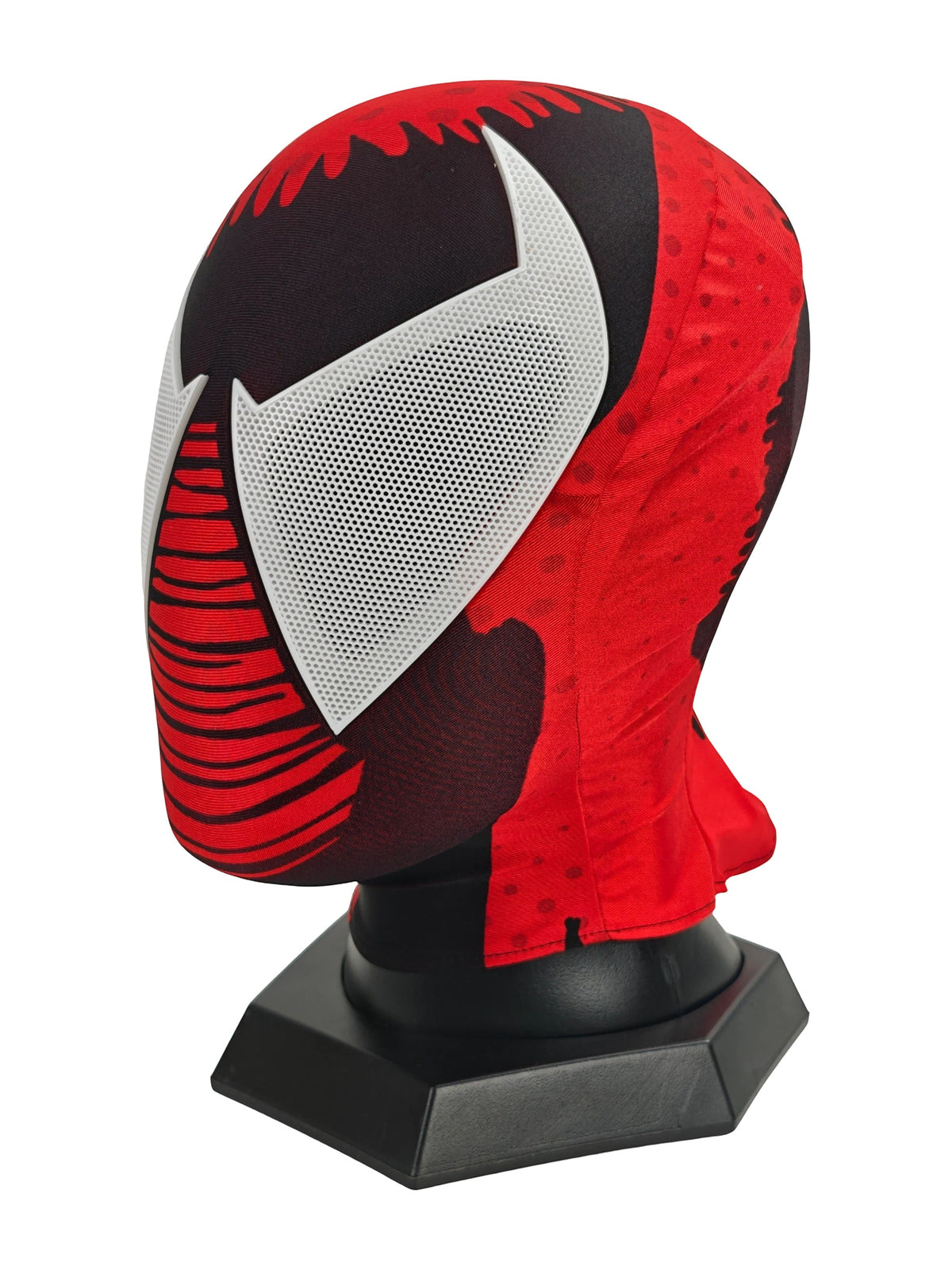 Three-quarter view of Scarlet Spider-Man cosplay mask with a white eye lens and red patterned side panel