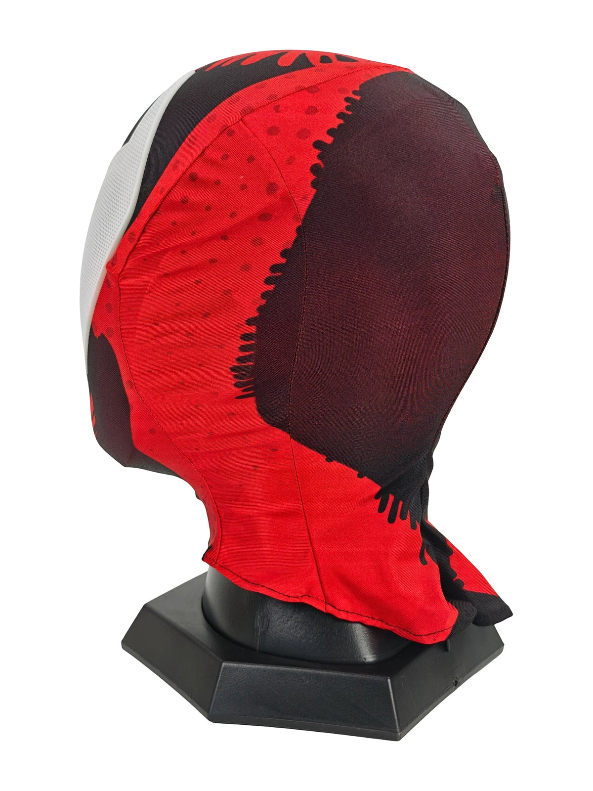 Rear three-quarter view of Scarlet Spider-Man cosplay mask showing black back panel and red neck flap