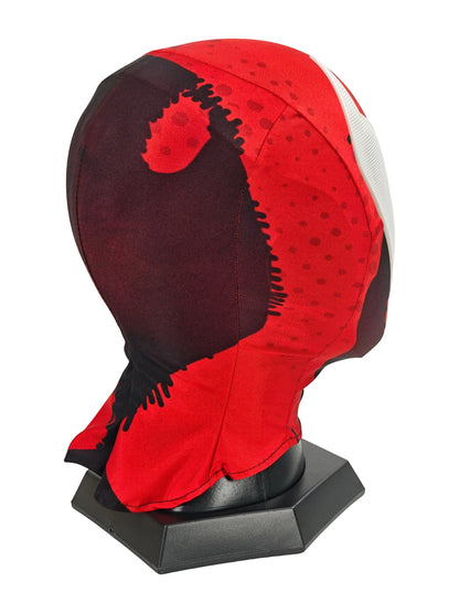 Back view of Scarlet Spider-Man cosplay mask showing stitched black panel and red patterned fabric