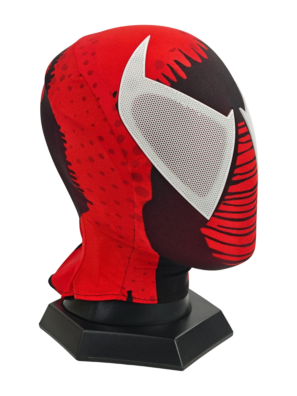 Opposite three-quarter view of Scarlet Spider-Man cosplay mask with white perforated lens and red-black fabric