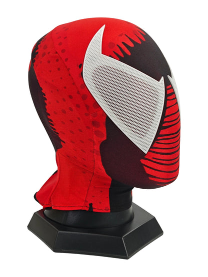 Opposite three-quarter view of Scarlet Spider-Man cosplay mask with white perforated lens and red-black fabric