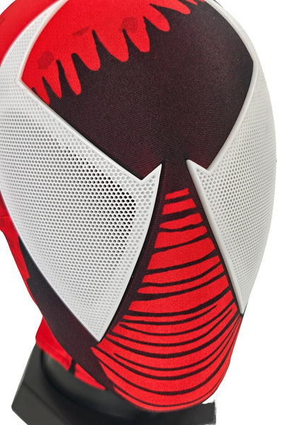 Close-up of Scarlet Spider-Man mask front showing white perforated eye lenses and striped red chin detail