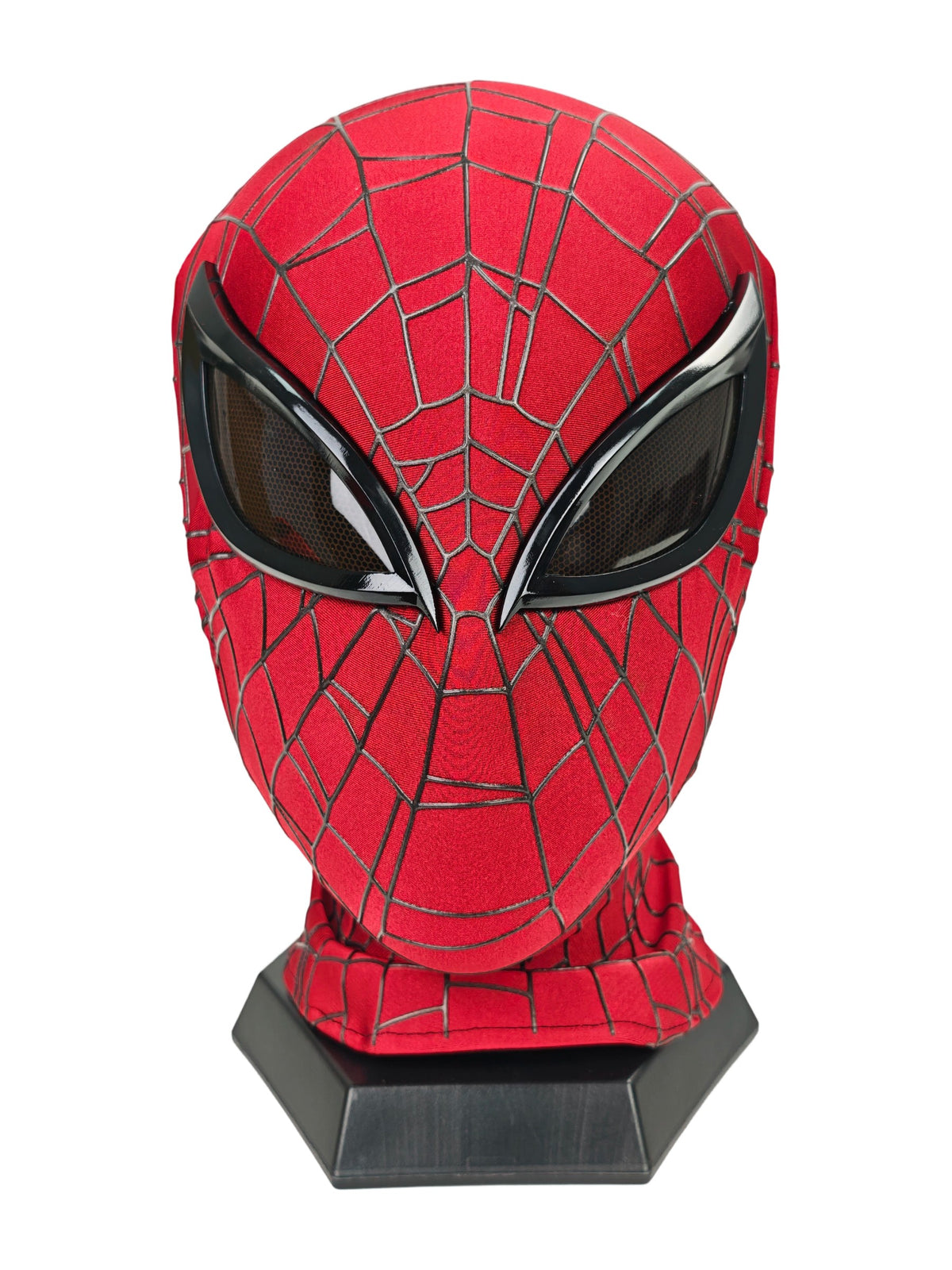 Superior Spider-Man mask front view with red fabric, raised black webbing, and dark mesh eye lenses