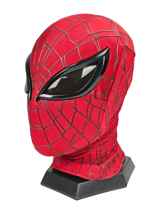 Superior Spider-Man mask right three-quarter view with raised black webbing and dark mesh eye lens