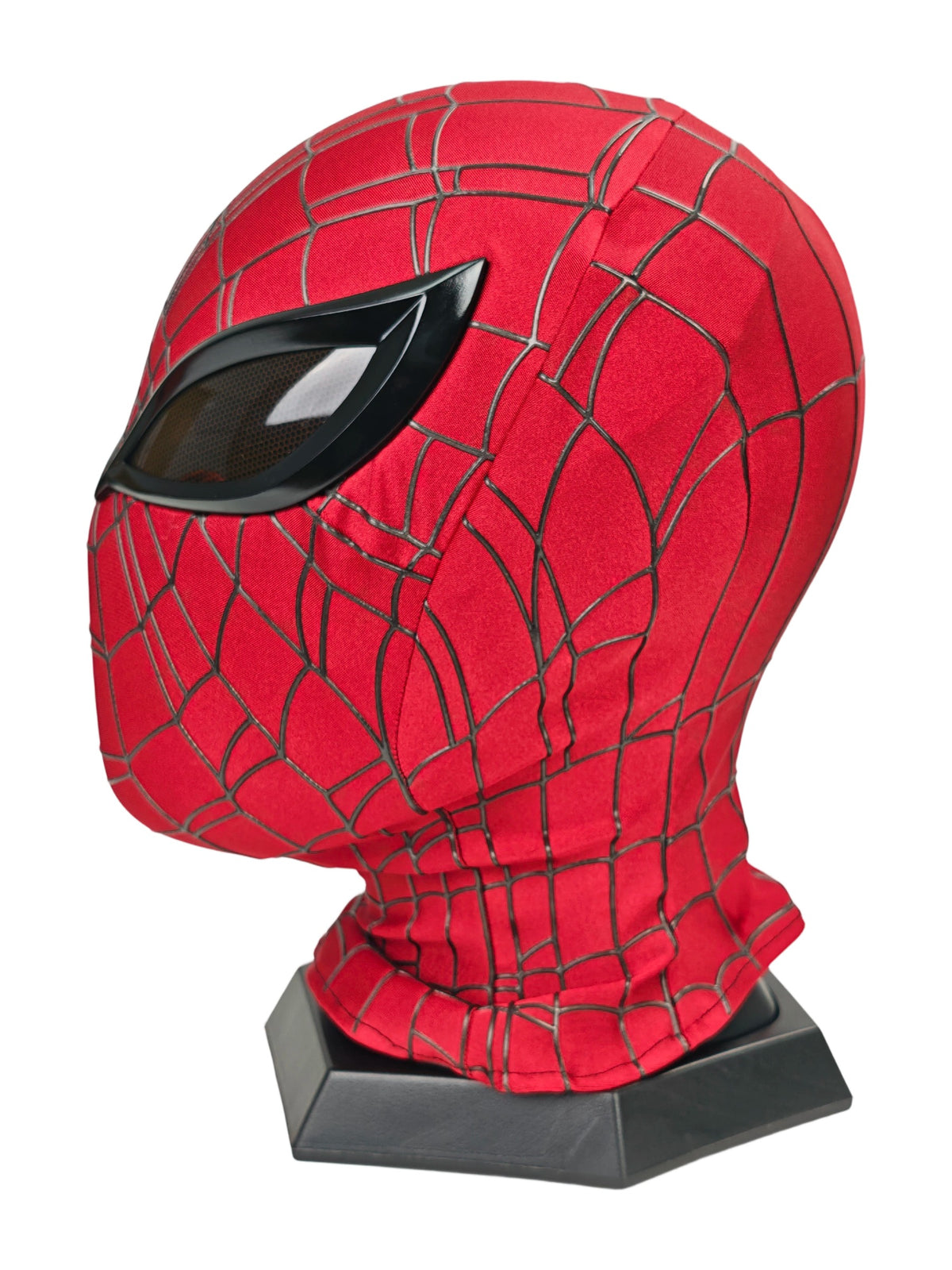 Superior Spider-Man mask left three-quarter view with red webbed fabric and dark mesh eye lens
