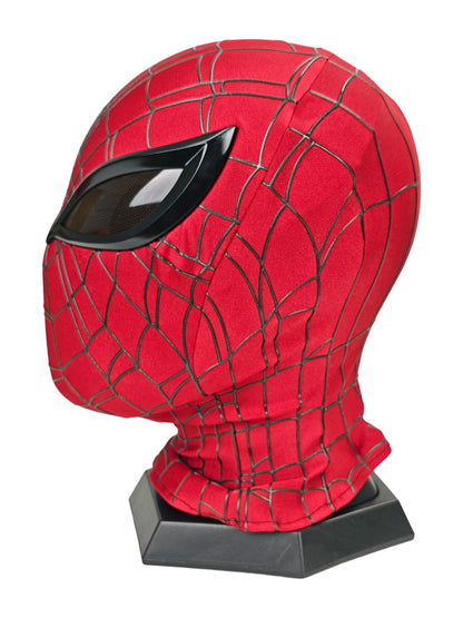 Superior Spider-Man mask left three-quarter view with red webbed fabric and dark mesh eye lens