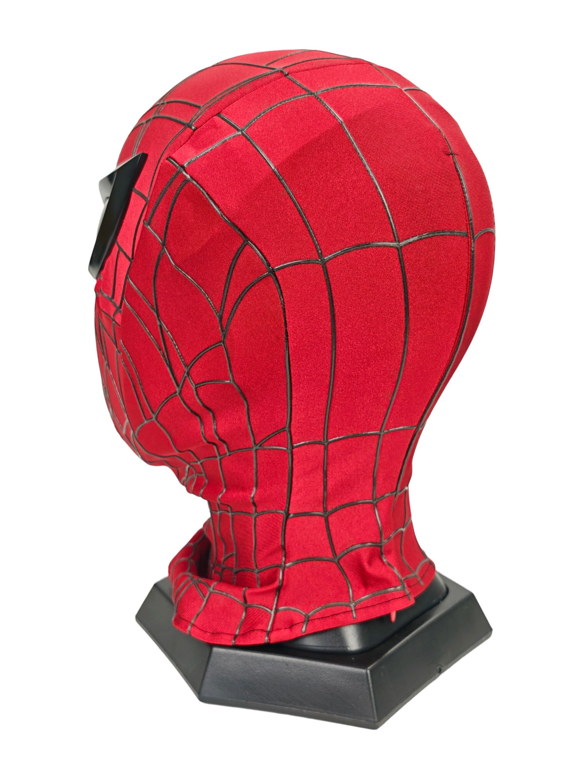 Superior Spider-Man mask rear three-quarter view showing red webbed fabric and black display base