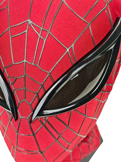 Close-up of raised black webbing and dark mesh eye lens on Superior Spider-Man mask