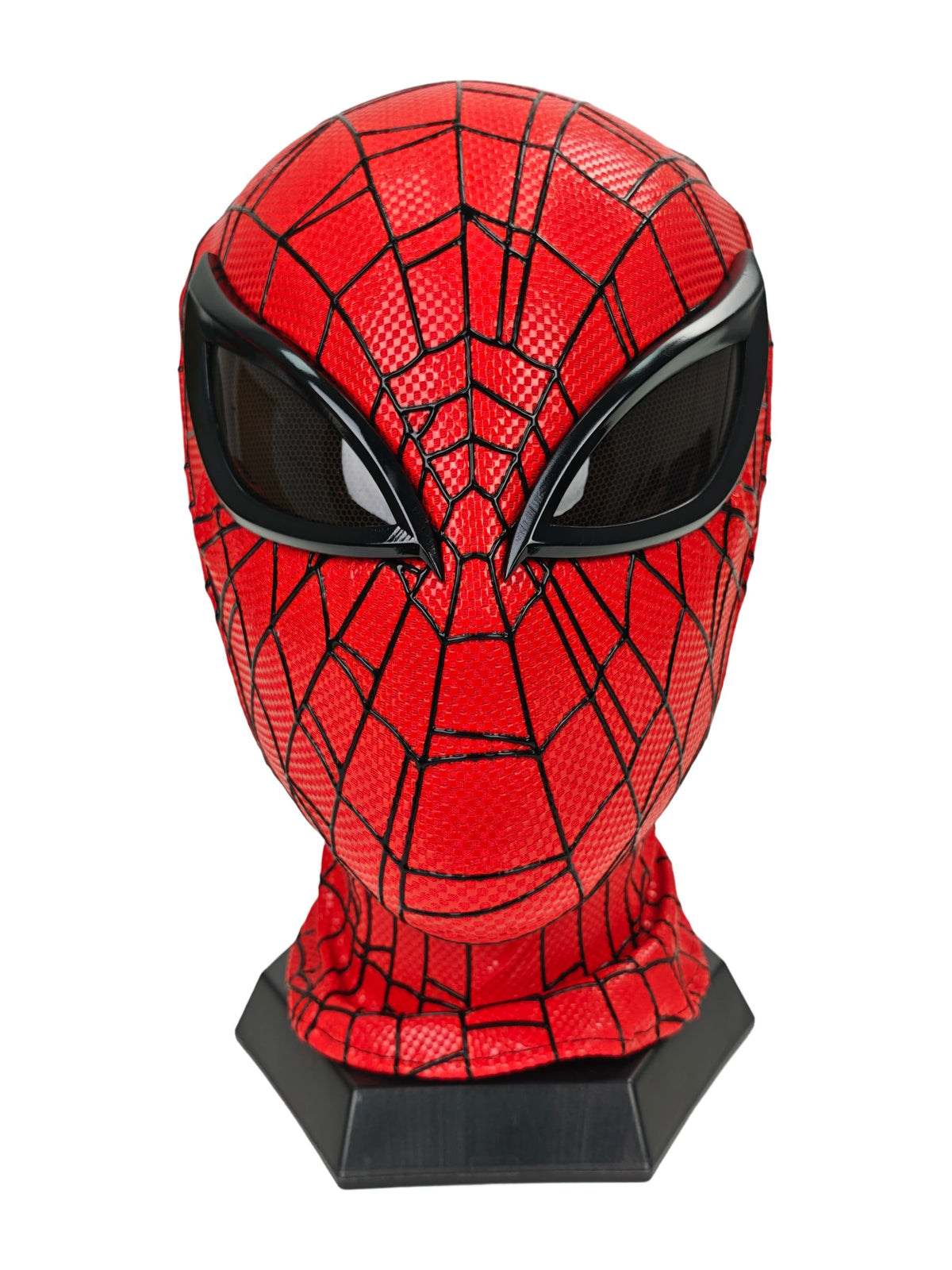 Superior Spider-Man mask front view with red checkered web fabric and black mesh eye lenses