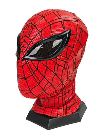 Superior Spider-Man mask on black display base with red textured fabric and raised black webbing