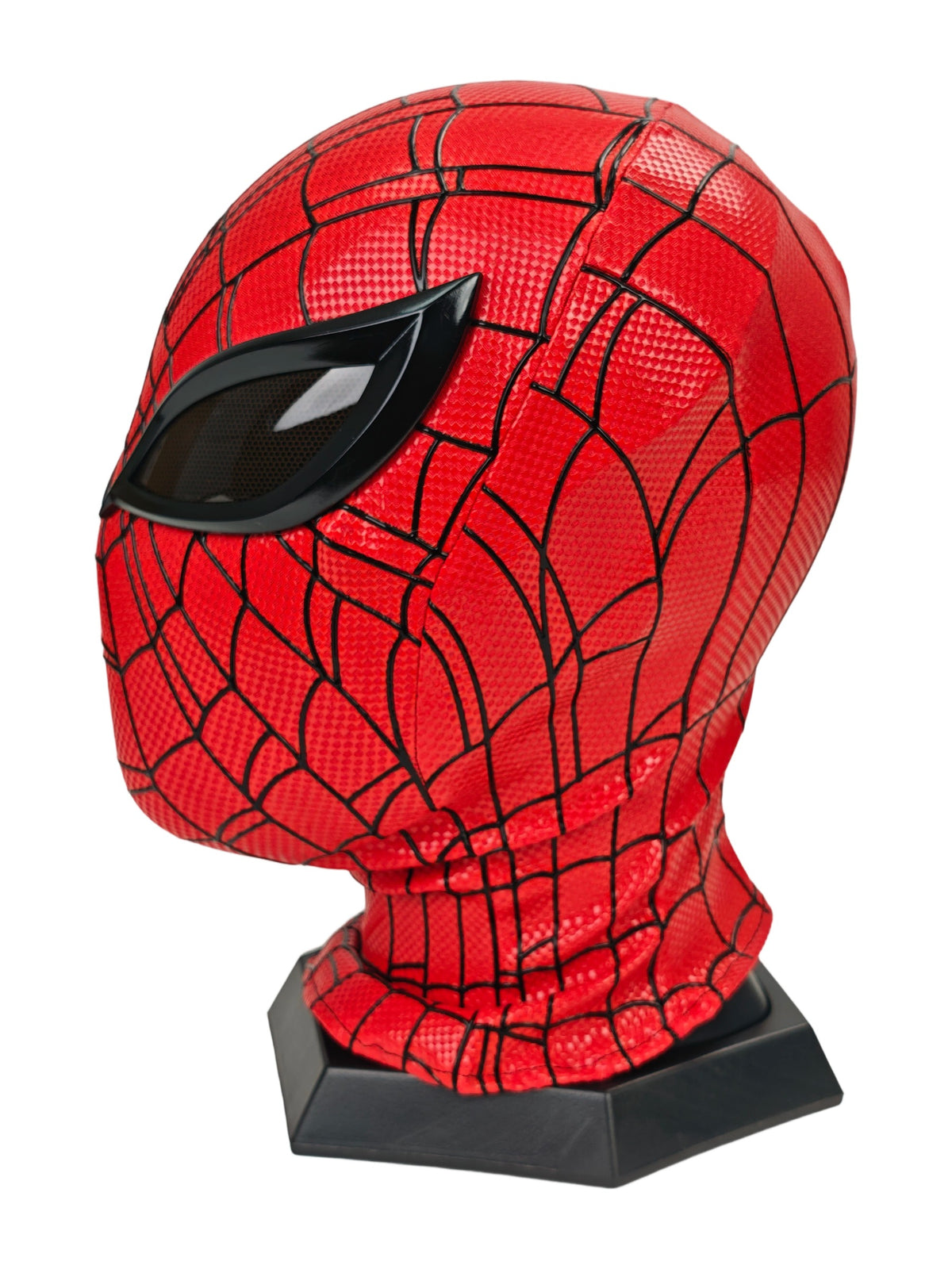Superior Spider-Man mask right three-quarter view with red checkered web fabric and dark eye lens