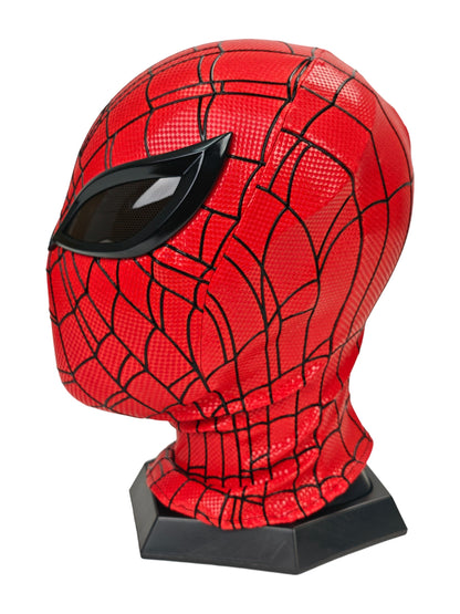Superior Spider-Man mask right three-quarter view with red checkered web fabric and dark eye lens
