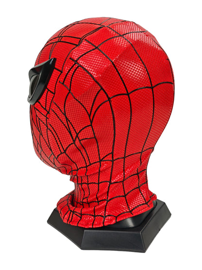 Superior Spider-Man mask left three-quarter view with red checkered web fabric and black eye lens