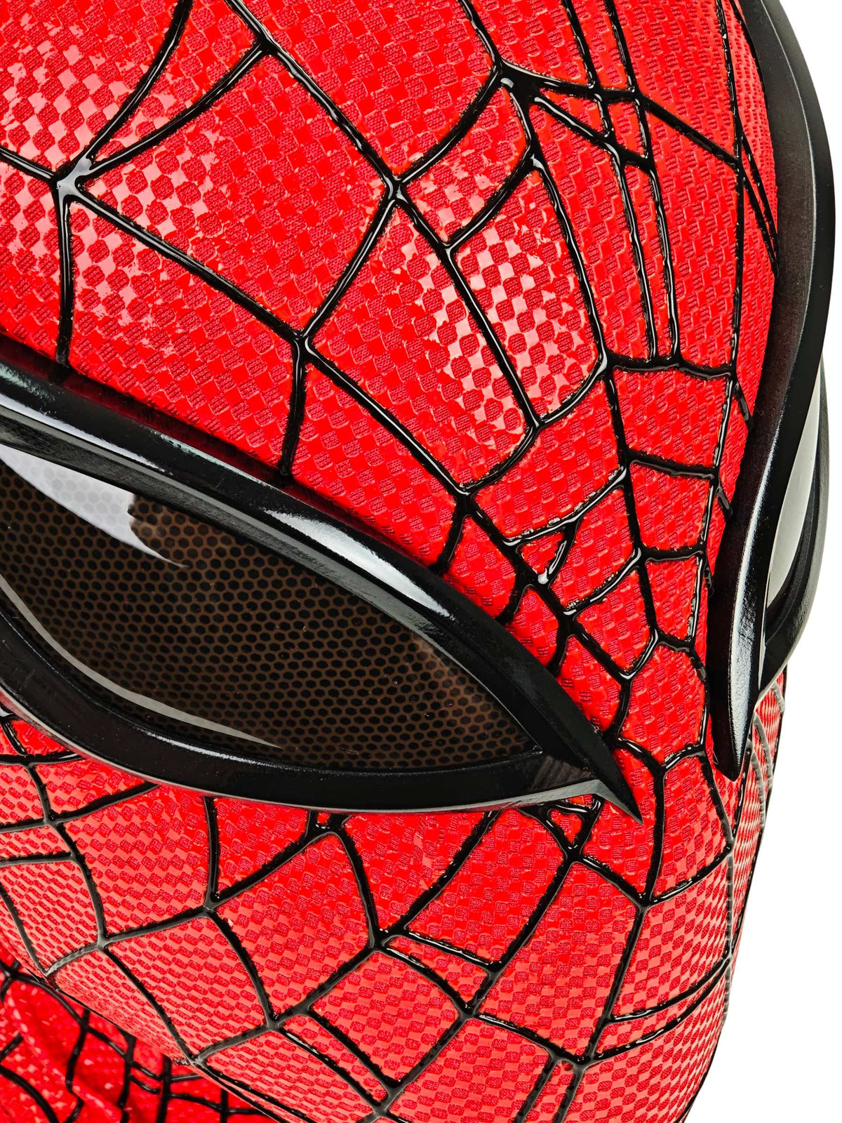 Superior Spider-Man mask rear three-quarter view showing red checkered web fabric and black display base