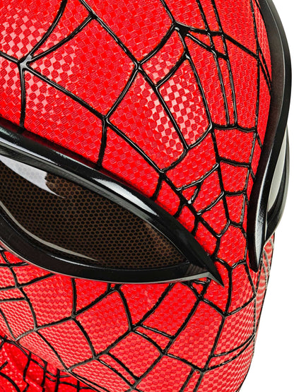 Superior Spider-Man mask rear three-quarter view showing red checkered web fabric and black display base
