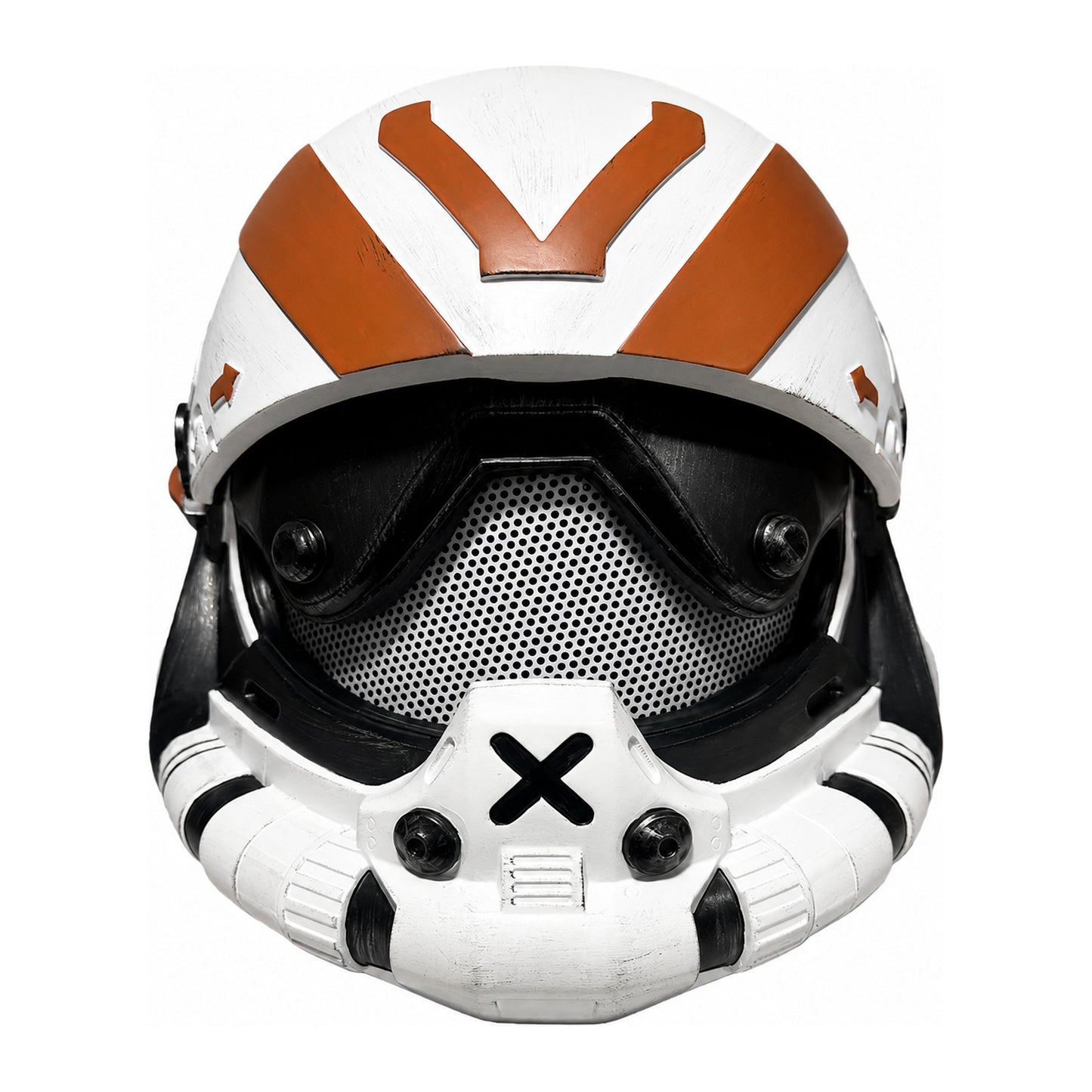 Titanfall 2 Viper Pilot helmet front view with white shell and orange stripe detail