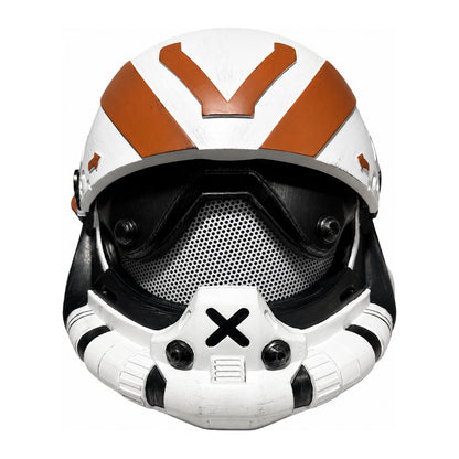 Titanfall 2 Viper Pilot helmet front view with white shell and orange stripe detail