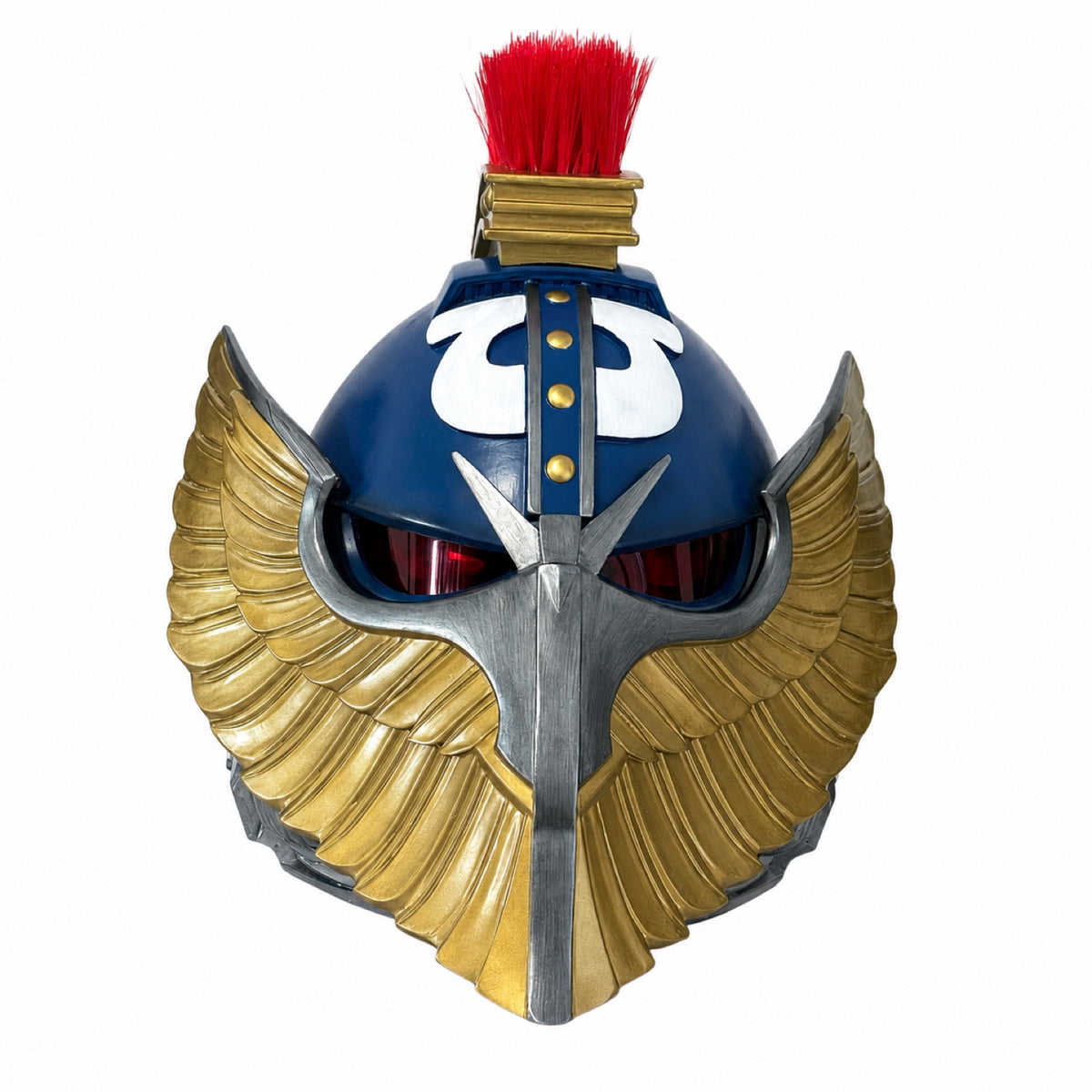 Ultramarine Honor Guard Suzerain wearable helmet, front view with silver Iron Eagle faceplate